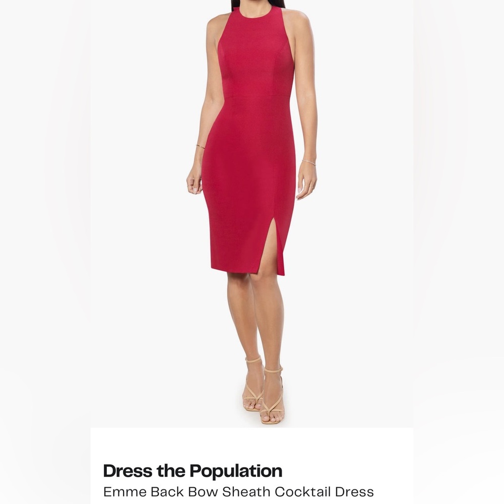 NWT Dress the Population Emme Back
Bow Sheath Cocktail Dress - color garnet